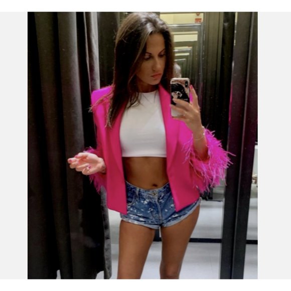ZARA FUCHSIA SHORT FEATHER BLAZER JACKET XS S M NWT - Picture 6 of 11